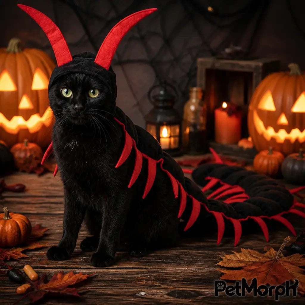 PetMorph Centipede Costume, black and red, on a black cat