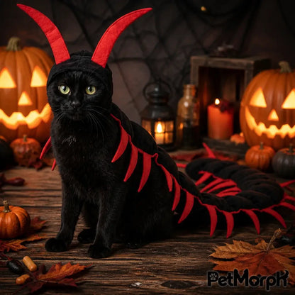 PetMorph Centipede Costume, black and red, on a black cat