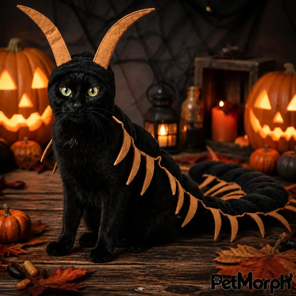 PetMorph Centipede Costume, black and tan, on a black cat